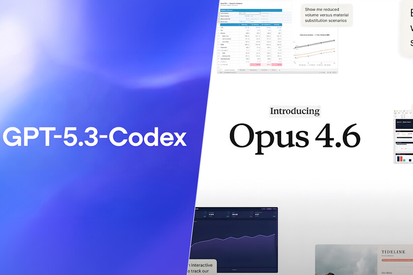 Desarrollador usando IA para generar código autónomo con GPT-5.3-Codex y Claude Opus 4.6 en una pantalla con terminal y gráficos de rendimiento