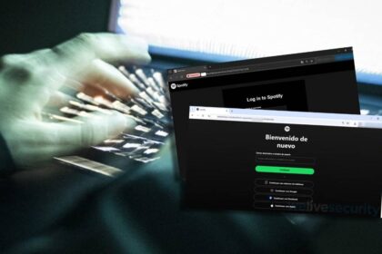 Pantalla de inicio falsa de Spotify en un sitio web hackeado de una pyme, mostrando formulario para robar credenciales bancarias
