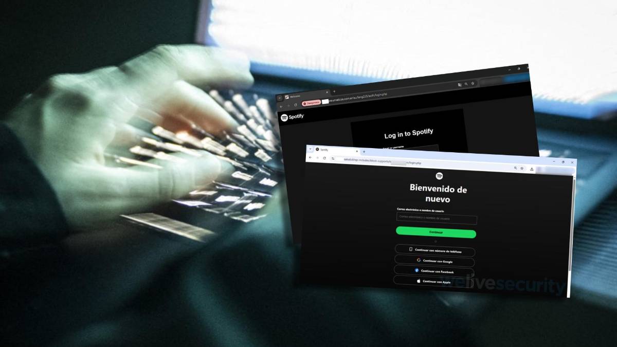 Pantalla de inicio falsa de Spotify en un sitio web hackeado de una pyme, mostrando formulario para robar credenciales bancarias