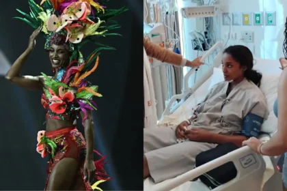 Gabrielle Henry, Miss Jamaica, sonriendo tras su recuperación de una hemorragia intracraneal por caída en traje de gala en Miss Universo 2025