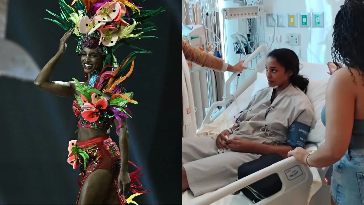 Gabrielle Henry, Miss Jamaica, sonriendo tras su recuperación de una hemorragia intracraneal por caída en traje de gala en Miss Universo 2025