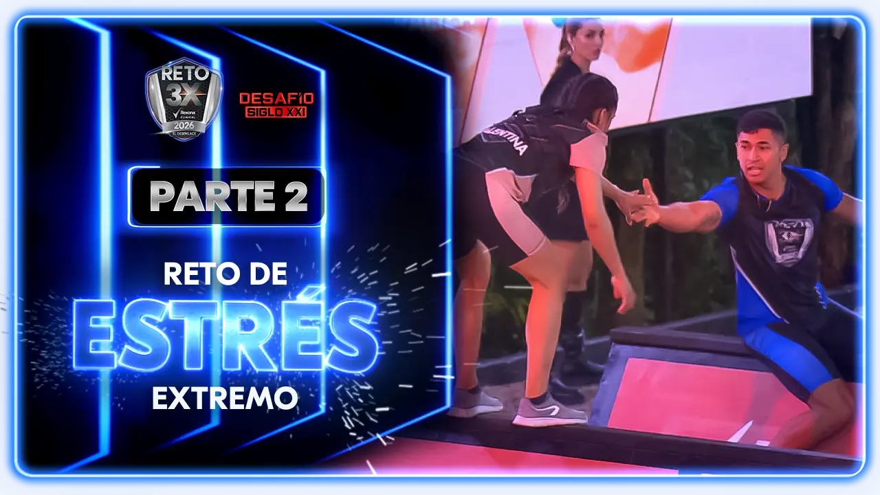 Dupla compitiendo en circuito de Estrés Extremo con cronómetro en primer plano, mostrando estrategia y resistencia física bajo presión