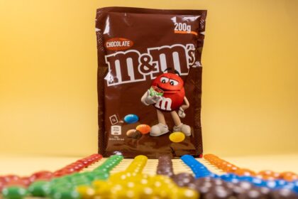 Paquete de M&M’s con etiqueta personalizada 'Make Your Mark' y código de lote M1823200, incluido en el retiro de la FDA por alérgenos no declarados