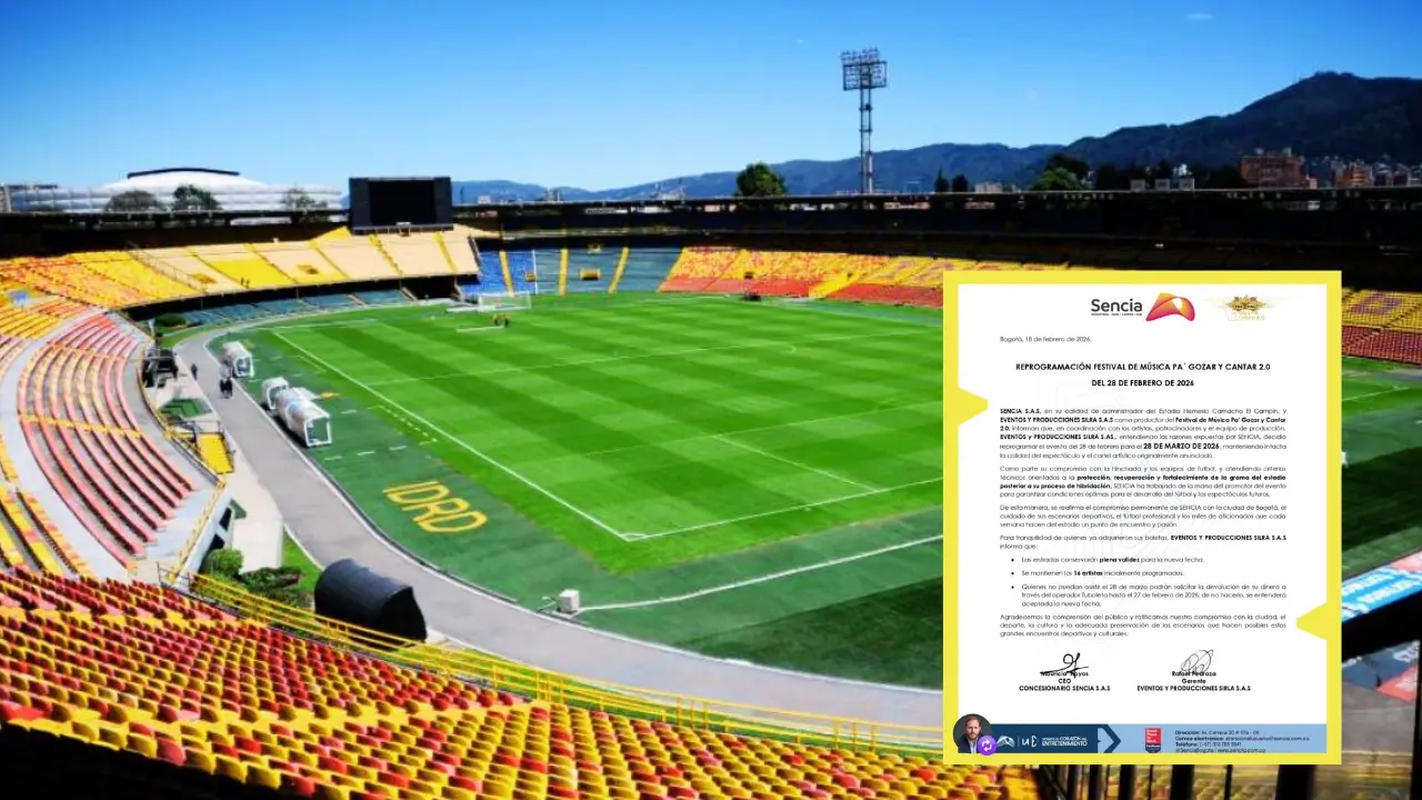 Vista aérea del estadio El Campín con grama en recuperación tras eventos masivos, señalizando la reprogramación del concierto