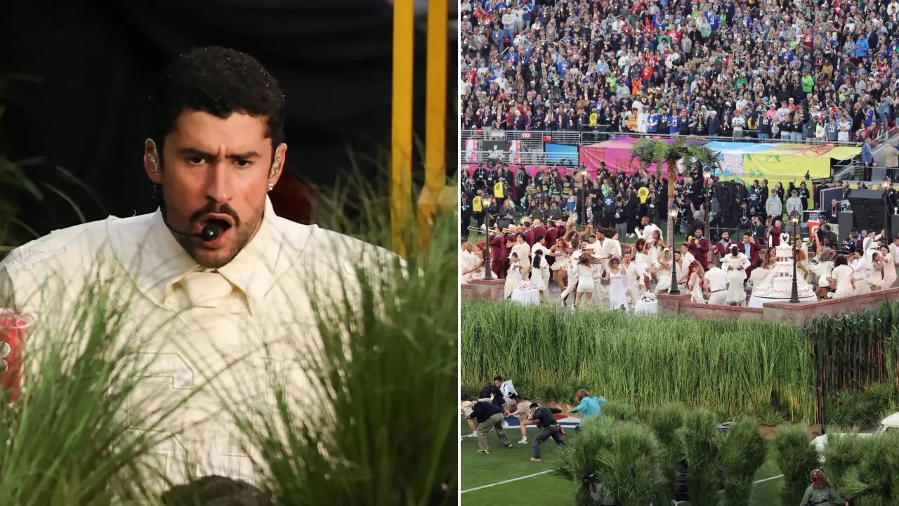 Escenario del Super Bowl 2026 con 500 extras disfrazados de vegetación usando trajes de 18 kilos durante el show de Bad Bunny