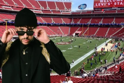 Bad Bunny en el escenario del Super Bowl 2026 con luces y público durante su show de medio tiempo