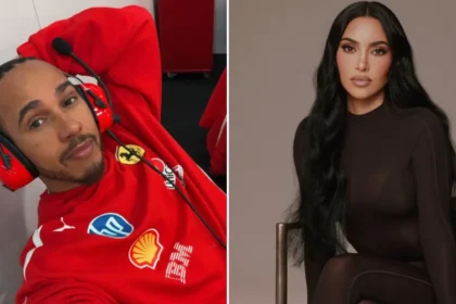 Kim Kardashian con vestido negro ajustado y Lewis Hamilton en chaqueta oscura en una fiesta privada en Aspen
