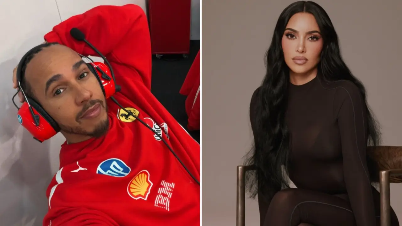 Kim Kardashian con vestido negro ajustado y Lewis Hamilton en chaqueta oscura en una fiesta privada en Aspen