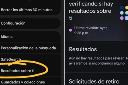 Pantalla de Resultados sobre ti en Google mostrando cómo solicitar la eliminación de teléfono, correo y dirección de los resultados de búsqueda