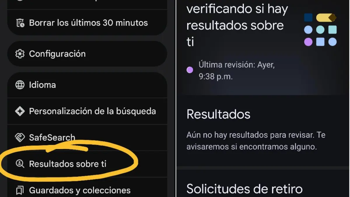 Pantalla de Resultados sobre ti en Google mostrando cómo solicitar la eliminación de teléfono, correo y dirección de los resultados de búsqueda