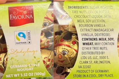 Chocolates Favorina en forma de mariquita con etiquetado defectuoso: riesgo por avellanas no declaradas