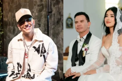 Andy Rivera emocionado durante la boda de su padre Jhonny Rivera con Jenny López, celebrando amor y unión familiar en Arabia, Risaralda