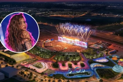 Vista aérea del Estadio Shakira en Madrid con 50.000 fans, luces sincronizadas y el escenario principal rodeado por la vegetación de Macondo Park