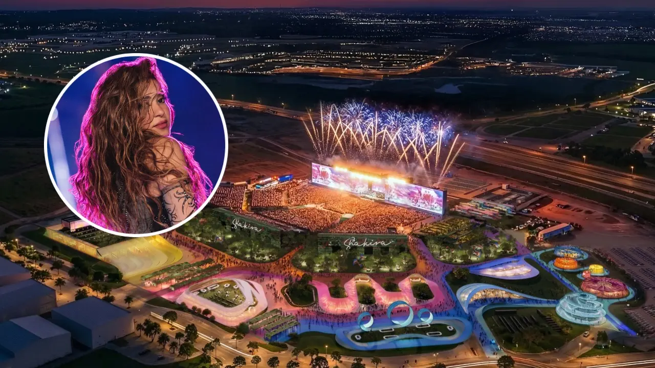 Vista aérea del Estadio Shakira en Madrid con 50.000 fans, luces sincronizadas y el escenario principal rodeado por la vegetación de Macondo Park