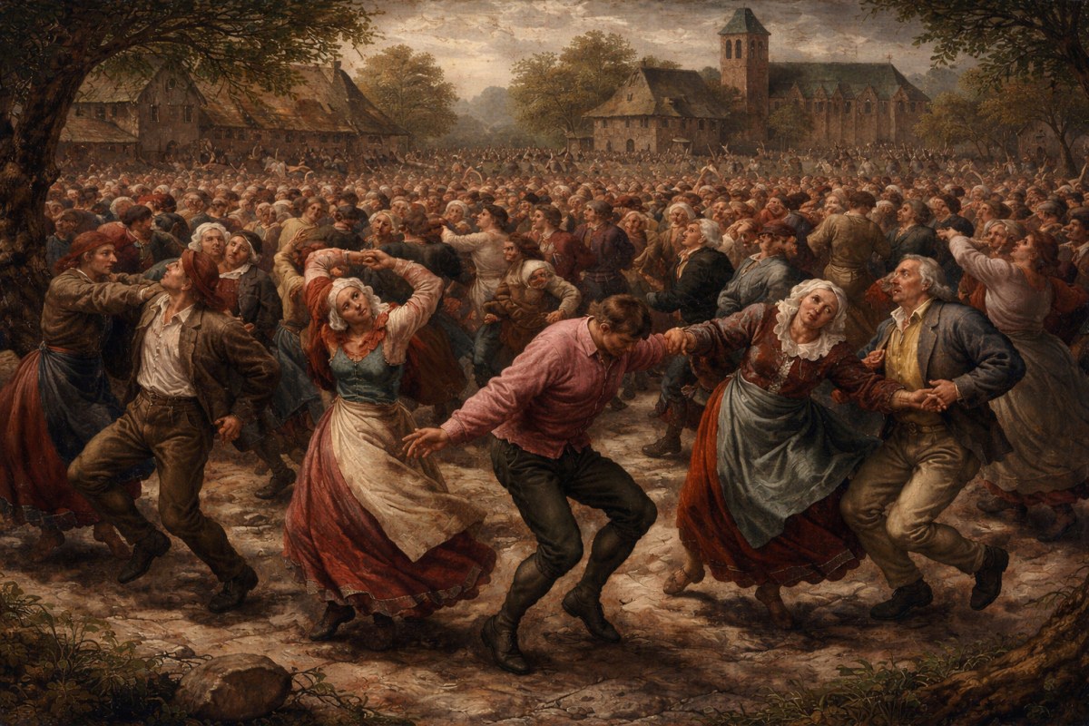 Ilustración histórica de personas bailando compulsivamente en las calles de Estrasburgo en 1518, con rostros agotados y movimientos descontrolados
