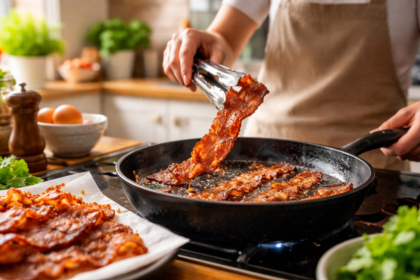 Tiras de bacon doradas y crujientes sobre rejilla de horno con grasa perfectamente eliminada, usando la técnica profesional para lograr textura de restaurante