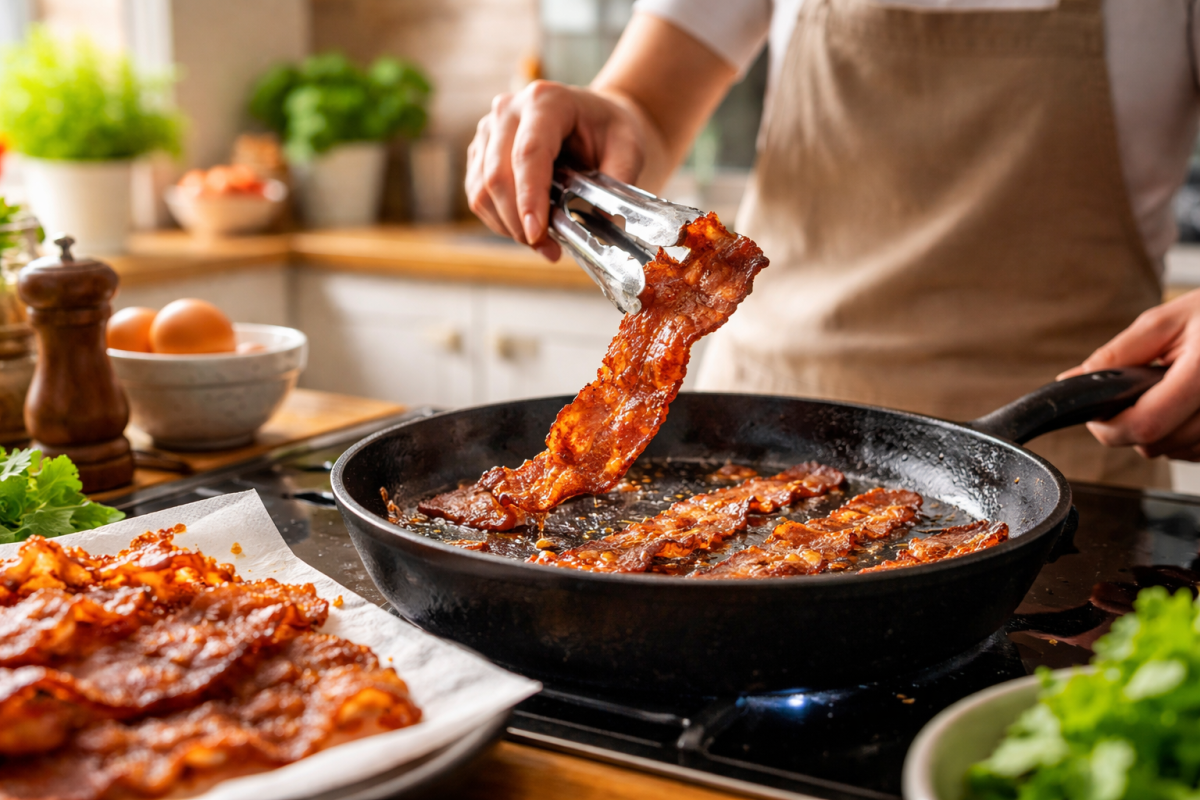 Tiras de bacon doradas y crujientes sobre rejilla de horno con grasa perfectamente eliminada, usando la técnica profesional para lograr textura de restaurante