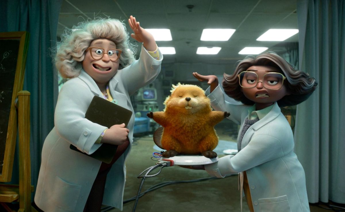 Cartel de 'Hoppers' de Pixar con la protagonista robótica en un paisaje natural vibrante, simbolizando tecnología y ecología