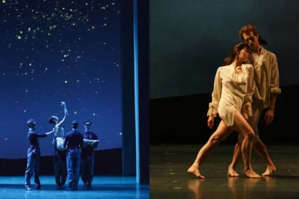 Bailarines en escena durante el pas de deux de 'El Parque', con coreografía contemporánea y música de Mozart en un jardín francés