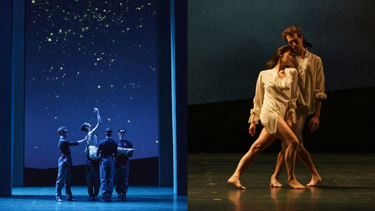 Bailarines en escena durante el pas de deux de 'El Parque', con coreografía contemporánea y música de Mozart en un jardín francés