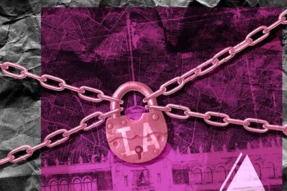 Servidor público analizando datos sensibles con herramientas de IA en una pantalla, destacando riesgos de transparencia y protección de información confidencial
