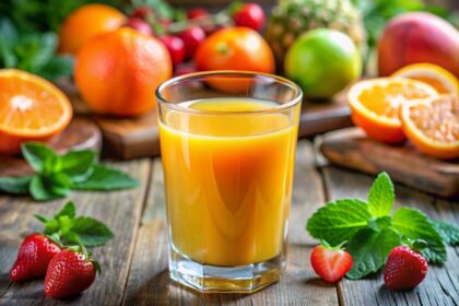 Vaso de jugo de naranja con cubos de hielo y rodajas de fruta mostrando el azúcar oculto que daña el hígado