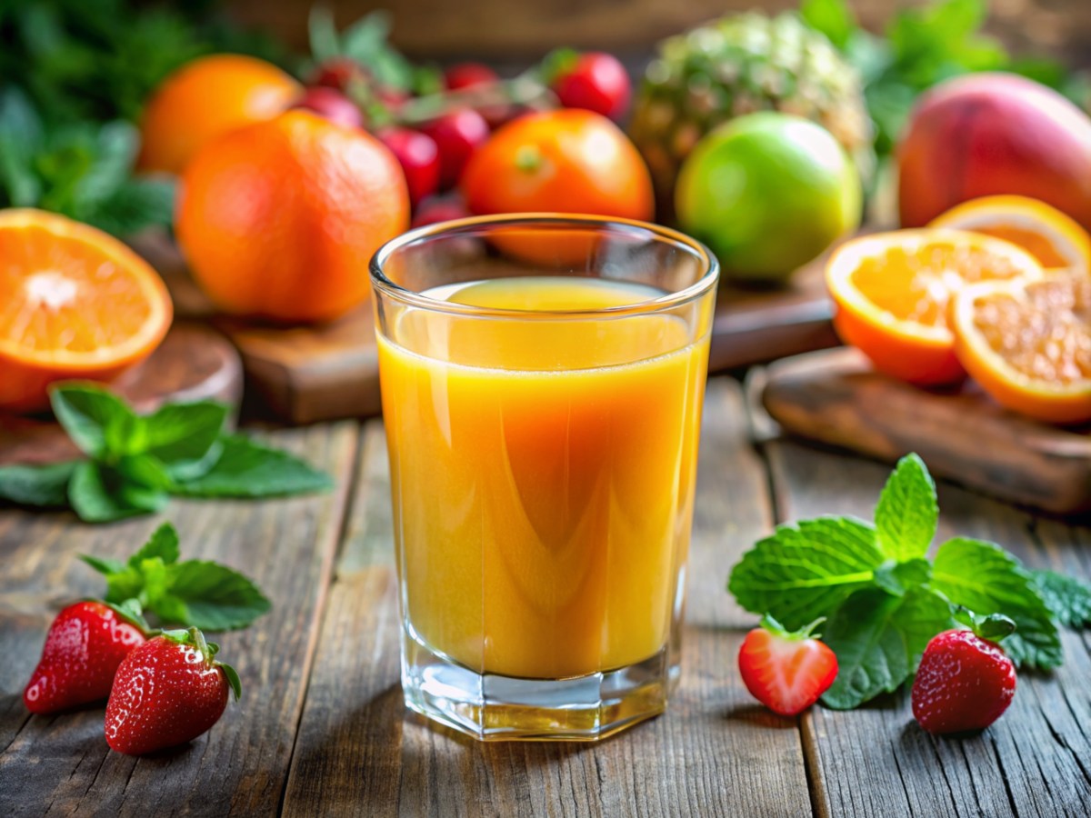 Vaso de jugo de naranja con cubos de hielo y rodajas de fruta mostrando el azúcar oculto que daña el hígado