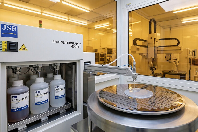 Técnico aplicando líquido fotorresistente japonés en oblea de silicio durante fabricación de chips avanzados