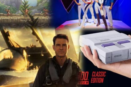 Vinilos, películas clásicas como 'Top Gun: Maverick' y ropa vintage en una composición visual que muestra el poder económico de la nostalgia en 2024