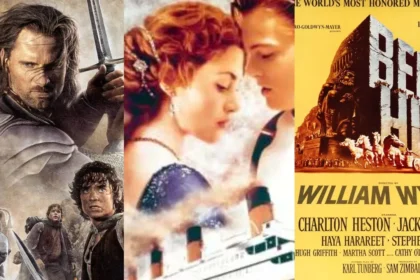 Collage de las 5 películas más premiadas en los Óscar: 'Titanic', 'Ben-Hur', 'El Señor de los Anillos', 'Lo que el viento se llevó' y 'West Side Story' con sus estatuillas doradas destacando sus récords históricos