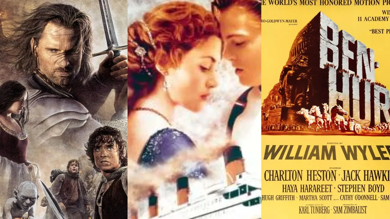Collage de las 5 películas más premiadas en los Óscar: 'Titanic', 'Ben-Hur', 'El Señor de los Anillos', 'Lo que el viento se llevó' y 'West Side Story' con sus estatuillas doradas destacando sus récords históricos