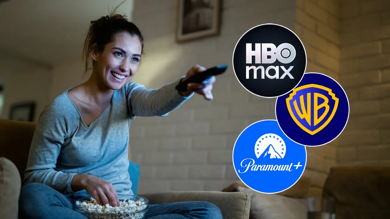 Pantallas de HBO Max y Paramount+ superpuestas con logos de Game of Thrones y Star Trek simbolizando la fusión de US$110.000M y 200M usuarios
