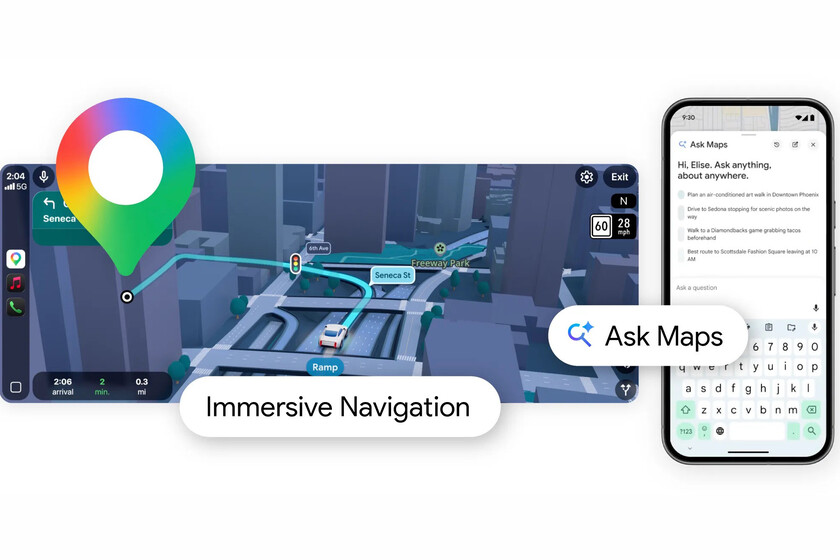 Interfaz de Google Maps mostrando la integración de Gemini con respuestas contextuales y vista 3D inmersiva para navegación
