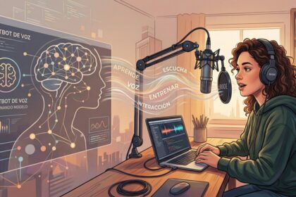 Persona grabando su voz en un micrófono profesional para entrenar sistemas de IA con expresiones emocionales auténticas