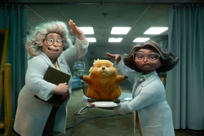 Escena de 'Hoppers: Operación castor' con Mabel en cuerpo de castor observando un bosque inundado por presas naturales, reflejo de luz en el agua