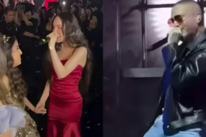 J Balvin y Belinda en el escenario de una lujosa fiesta de XV con pirotecnia y público emocionado