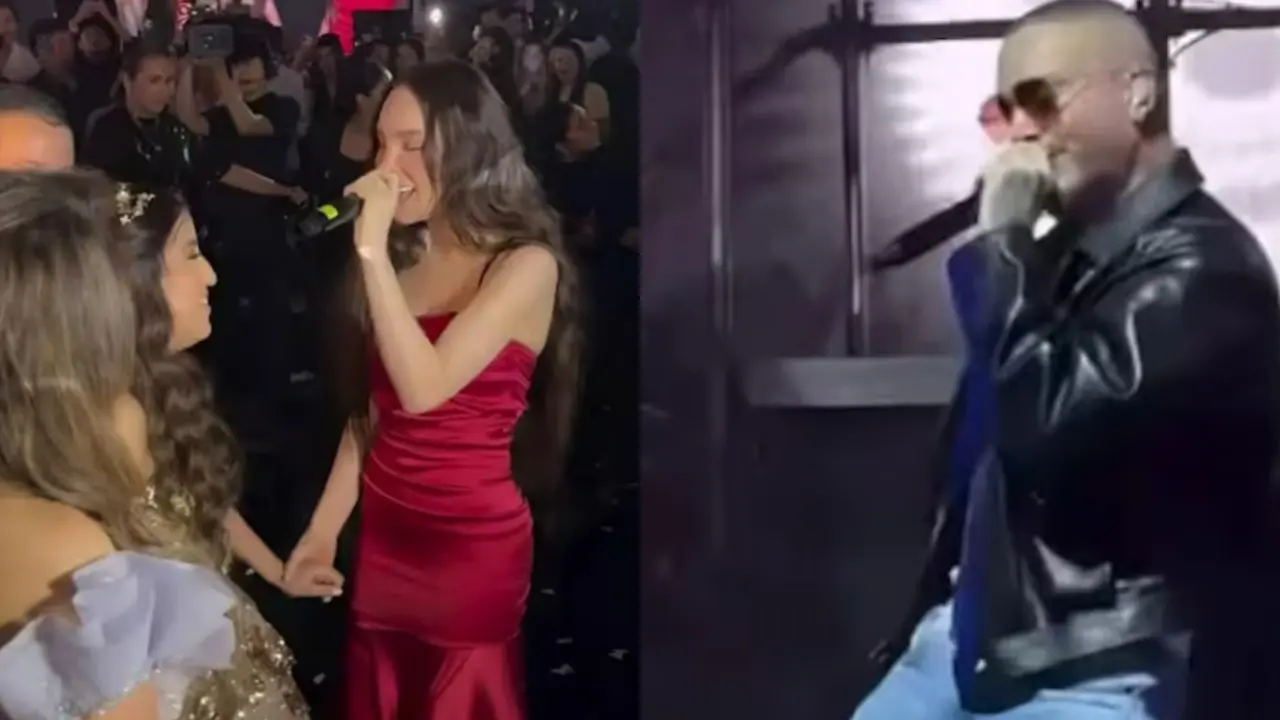 J Balvin y Belinda en el escenario de una lujosa fiesta de XV con pirotecnia y público emocionado