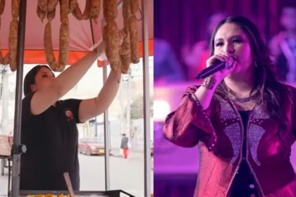 Katherin Rincón cantando con micrófono en mano, reflejando su evolución de vendedora ambulante a artista independiente con determinación