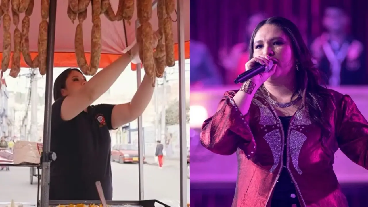 Katherin Rincón cantando con micrófono en mano, reflejando su evolución de vendedora ambulante a artista independiente con determinación