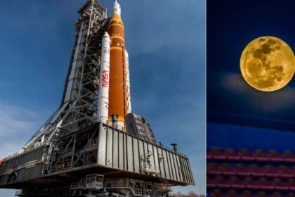 Cohete SLS de la NASA en plataforma de lanzamiento con la Luna de fondo, simbolizando el retraso de Artemis IV hasta 2028 por ajustes técnicos
