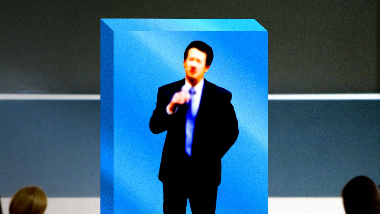 Avatar hiperrealista de una IA dando una charla en LinkedIn antes de ser expulsada por violar normas de autenticidad