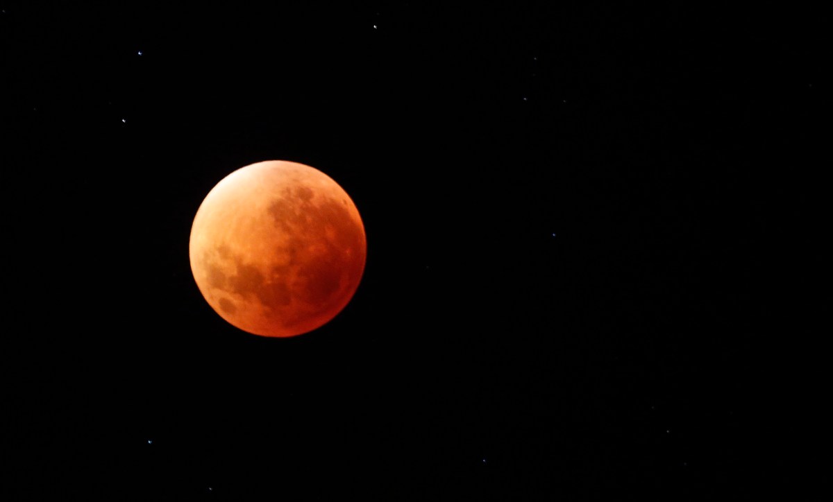 Luna de sangre teñida de rojo cobrizo durante el eclipse lunar 2026 en el cielo de Nueva York, con horizonte urbano al fondo