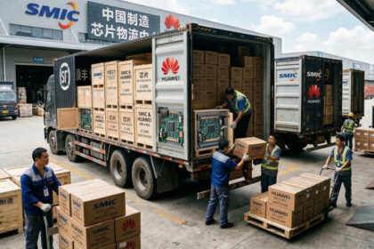 Gráfico de barras mostrando el crecimiento del 72% en exportaciones de chips chinos en 2026 con obleas de silicio y circuitos integrados en primer plano