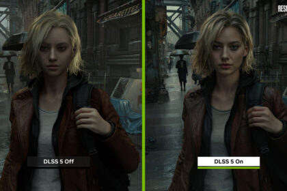 Tarjeta gráfica NVIDIA aplicando DLSS 5 para generar efectos de luz y materiales hiperrealistas en un juego en tiempo real