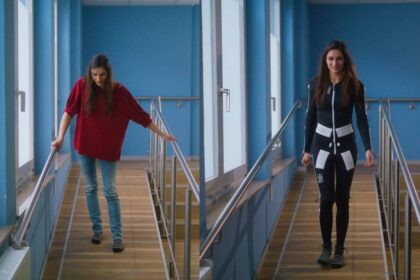 Paciente usando traje de neuromodulación Mollii Suit en sesión de rehabilitación con prótesis inteligente en Medellín