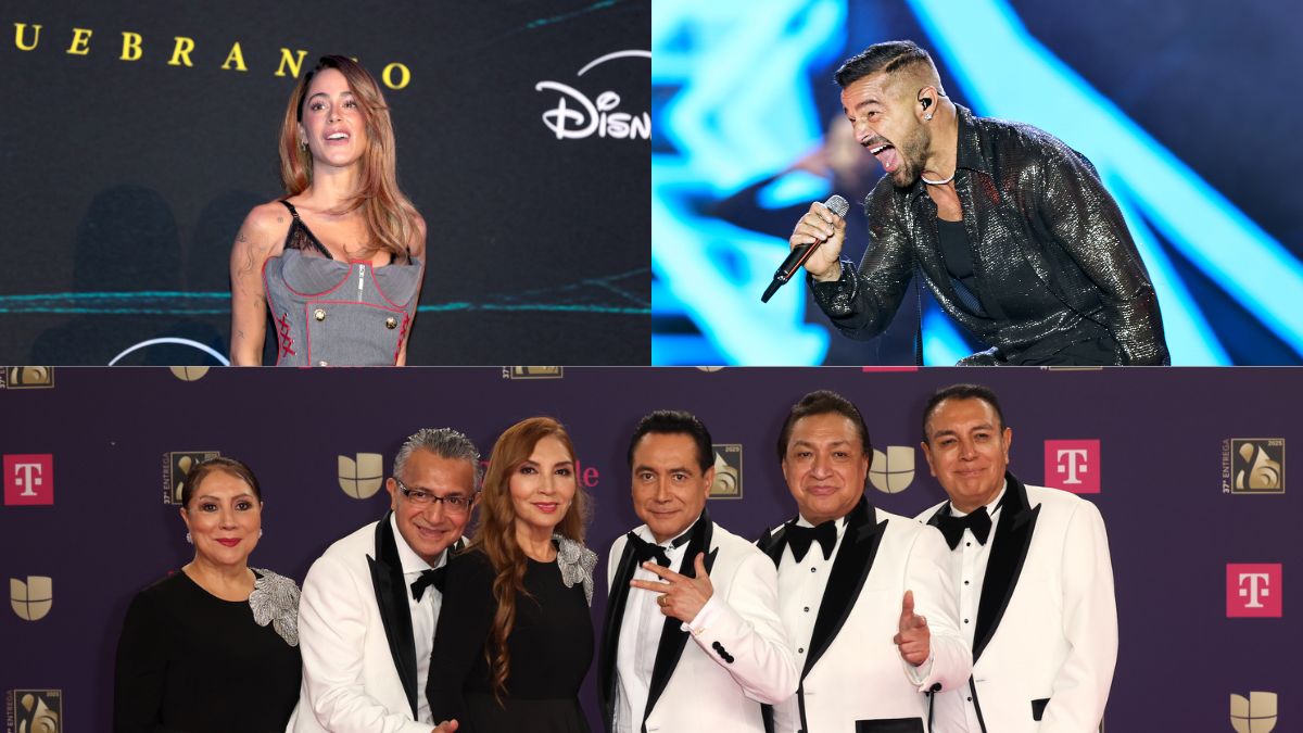 Ricky Martin, Tini y Los Ángeles Azules en escena vibrante cantando la versión cumbia de 'Vuelve' con luces y colores festivos