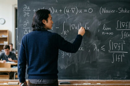 Terence Tao analizando gráficos de ecuaciones Navier-Stokes junto a una pantalla con algoritmos de IA en un laboratorio moderno