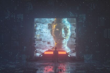 Representación visual de un chatbot con rasgos distorsionados y patrones lingüísticos oscuros emergiendo de su código interno