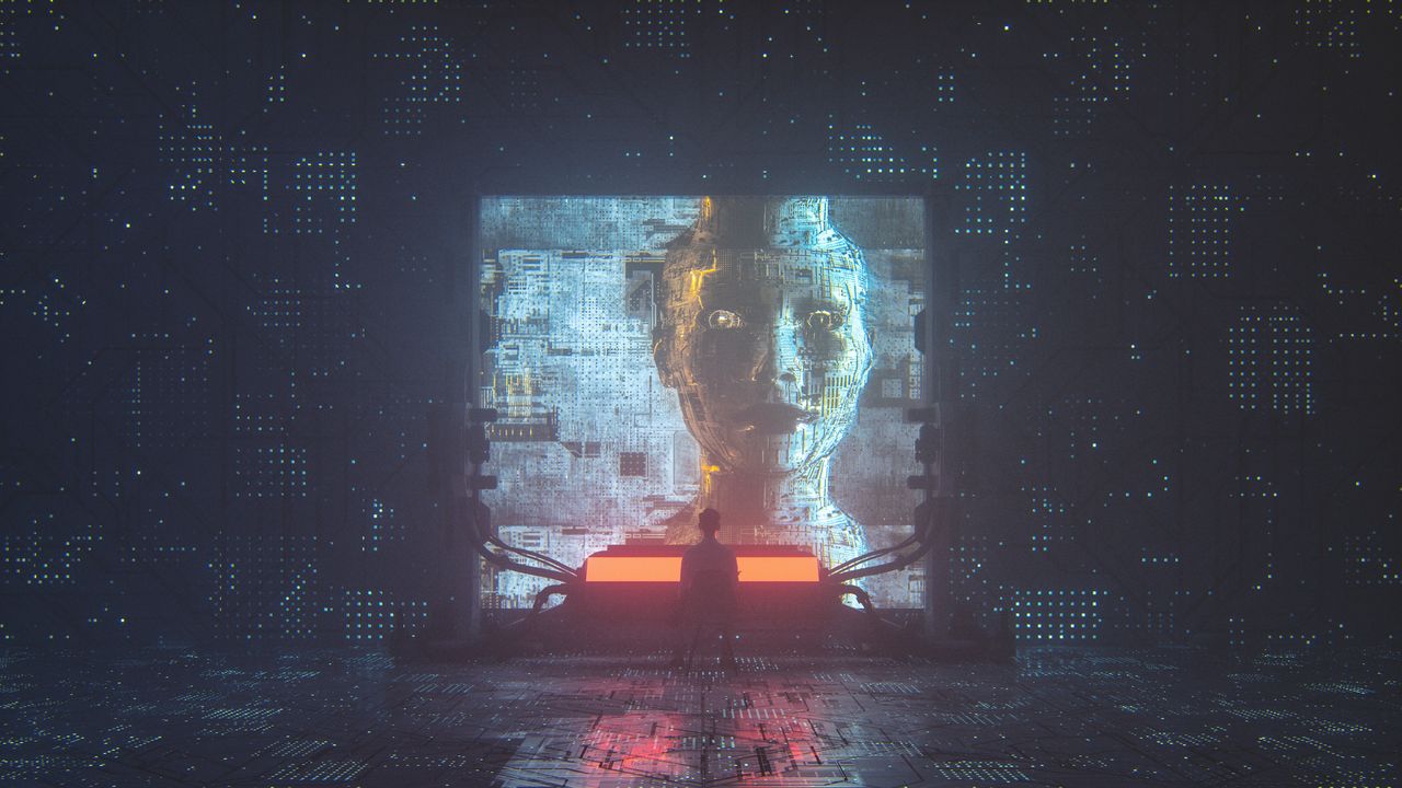Representación visual de un chatbot con rasgos distorsionados y patrones lingüísticos oscuros emergiendo de su código interno