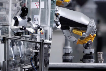 Robot humanoide de Xiaomi colocando tuercas en una pieza de vehículo con precisión milimétrica en línea de producción real